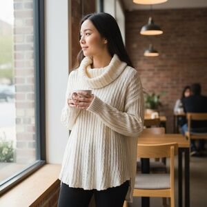 Susan Betro Cowl Neck High-Low Ivory Sweater – Luxe Comfort, NWOT, Size Large